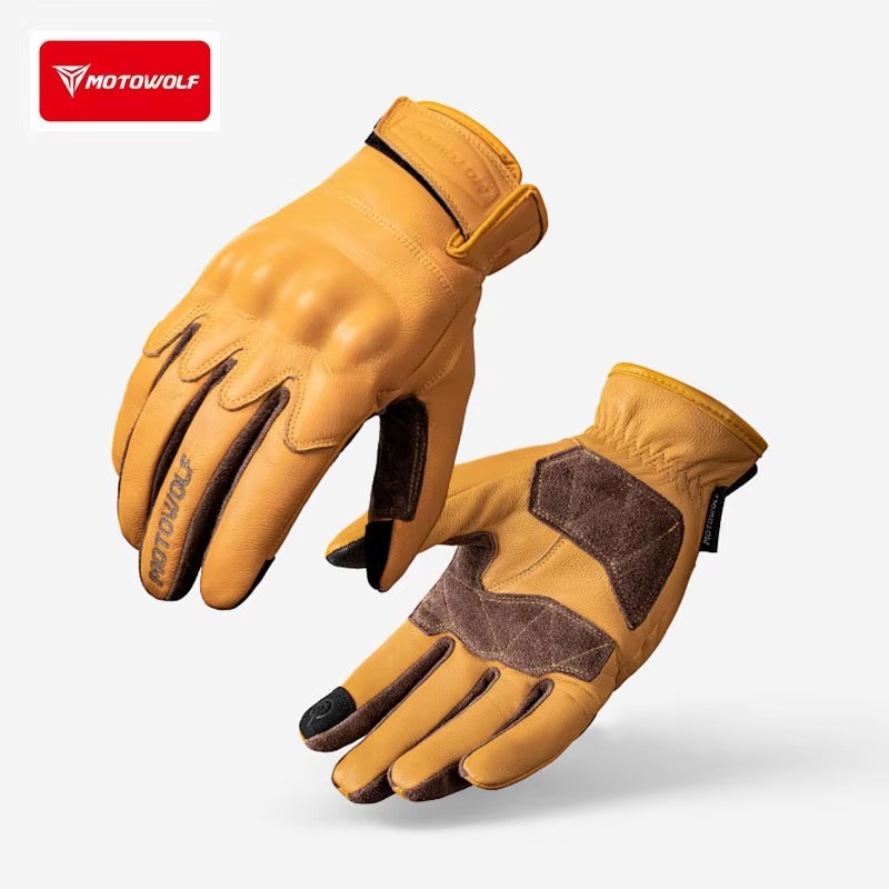 Motorcycle Gloves Leather Knuckle - 革製オートバイグローブ レトロライディンググローブ ヴィンテージライダー 滑り止め タッチスクリーン対応 ナックル保護