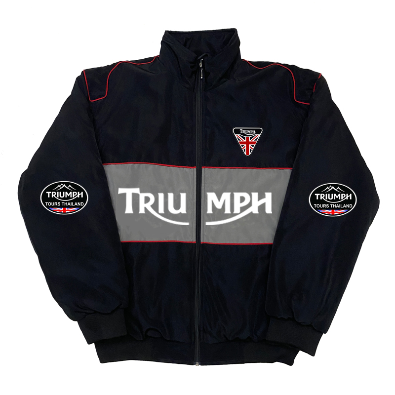 Motorcycle Jacket Thermal Liner - メンズ用、冬用、保温性に優れたトライアンフ製バイクジャケット。英国のユニオンジャックロゴ入り。レーシングスタイルで、暖かく、厚手で、防風性に優れ、アウトドアでのライディングやスポーツに最適。フルジップ。