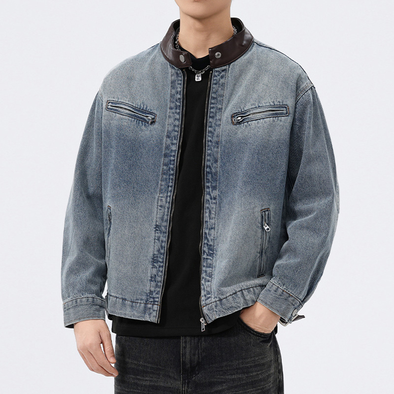 Leather Motorcycle Jacket Biker - スタンドレザーカラーデニムジャケット男性ファッションヴィンテージルーズカジュアルウォッシュコットンジーンズオートバイジャケット男性春秋コート
