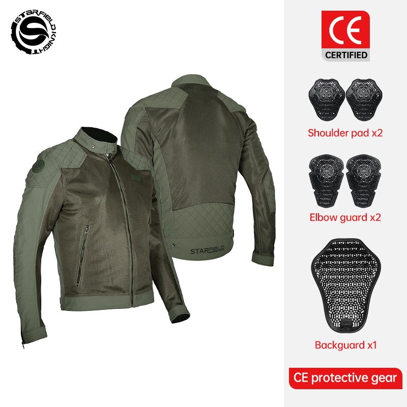 Motorcycle Mesh Jacket Summer Breathable - スターフィールドナイトグリーンオートバイジャケット乗馬服春&夏メッシュ通気性CE保護具アクセサリー付き