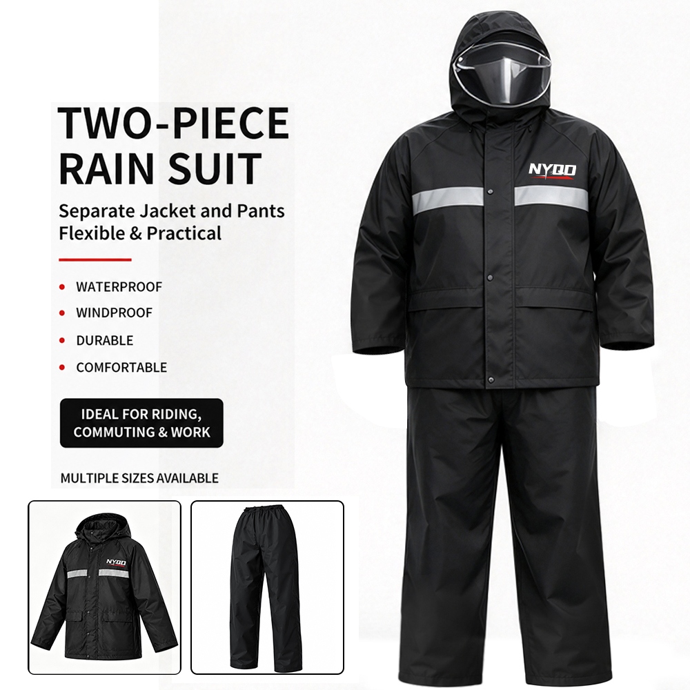 Motorcycle Rain Suit 2 Piece - 5XL～10XLの特大サイズ、2点セットのバイク用レインスーツ。防水、反射素材、通気性のあるメッシュ裏地、フード付き。男性用。