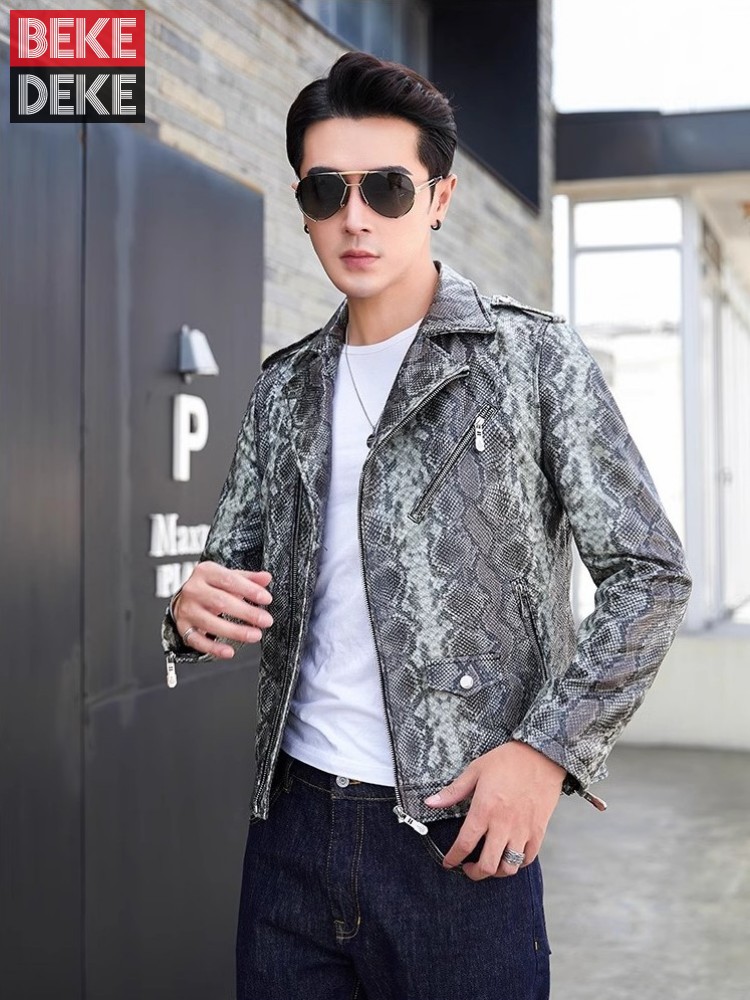 Leather Motorcycle Jacket Biker - メンズ本革ジャケット天然シープスキンショートコートスネークプリントターンダウンカラーファッションオートバイバイカースタイルスリムフィットジップ