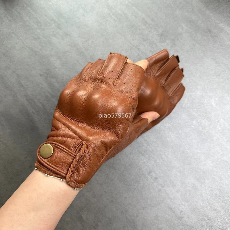Motorcycle Gloves Leather Knuckle - 本革ハーフフィンガーオートバイグローブ ハードナックルプロテクター 滑り止め ヴィンテージ クルーザー用