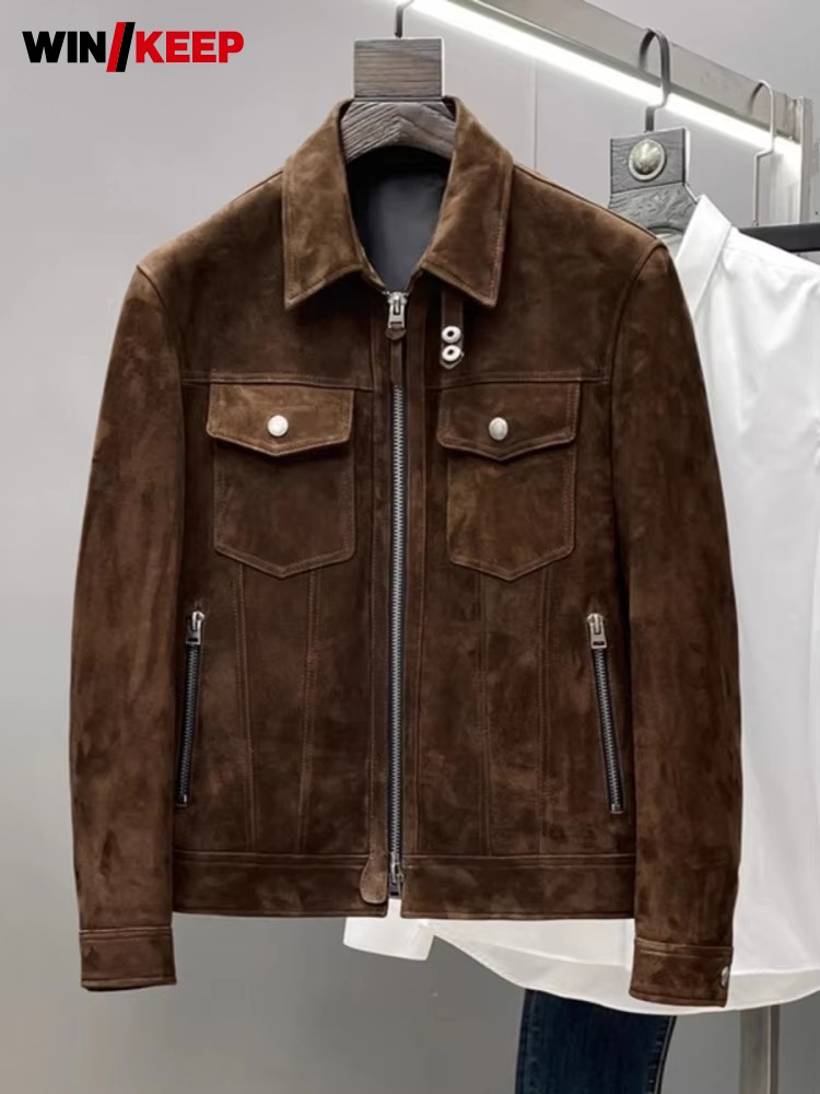 Motorcycle Jacket Thermal Liner - 秋のレトロなメンズ本革ジャケット。ジッパー付き、スエード素材、シープスキン、デザイナーズアウター、長袖、ラペル付き、バイク用ショートコート、男性用。