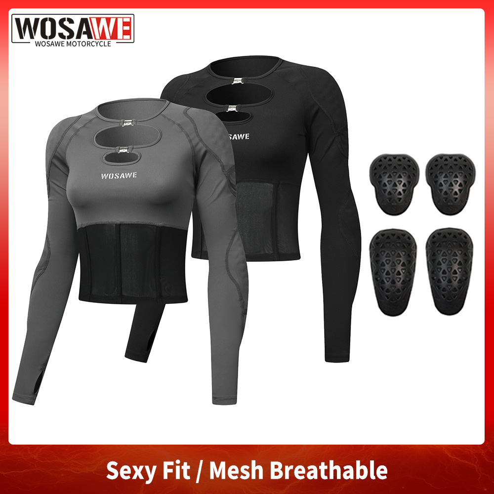 Motorcycle Mesh Jacket Summer Breathable - WOSAWE 女性オートバイシャツ取り外し可能な肩肘パッド夏通気性ジャケットジムメッシュパネルトップセクシーな黒メッシュ Tシャツ