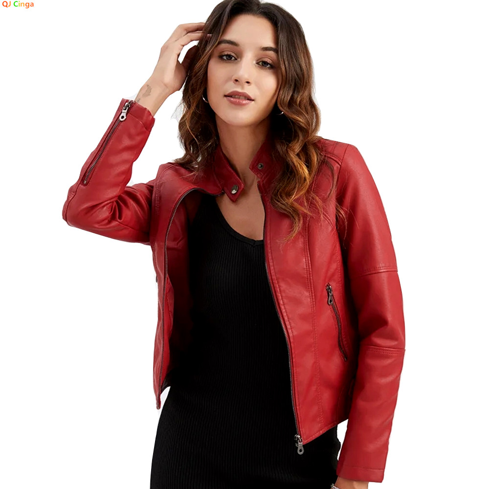Leather Motorcycle Jacket Biker - レディースレッドPUジャケット、縦襟ジッパーモーターサイクルレザージャケット、ファッションカジュアルコート女性用アウターウェア、ブラックパープルトップ。