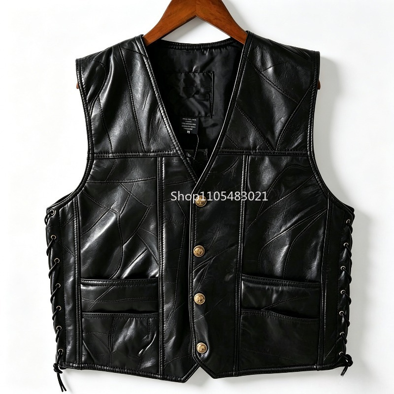 Leather Motorcycle Jacket Biker - メンズブラックパッチワークレザーバイカーベスト、ボタン留めノースリーブモーターサイクルジャケット、レースアップサイド＆ポケット付き、ストリートウェア向け