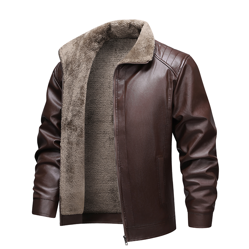 Leather Motorcycle Jacket Biker - レザージャケット メンズ フリース裏地 冬用ジャケット ファッション レトロ