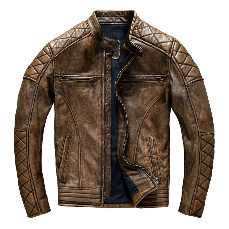 Leather Motorcycle Jacket Biker - ヴィンテージメンズレザージャケットイエローブラウン厚い 100% 本物の牛革バイカージャケットスリムフィット男性オートバイコート春アジアサイズ
