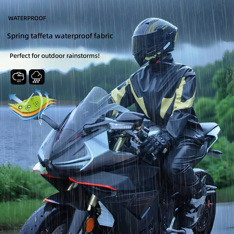 Motorcycle Rain Suit 2 Piece - バイク用レインスーツ 防水 2ピース ブラックゴールド 反射材付きジャケットとパンツセット 防風