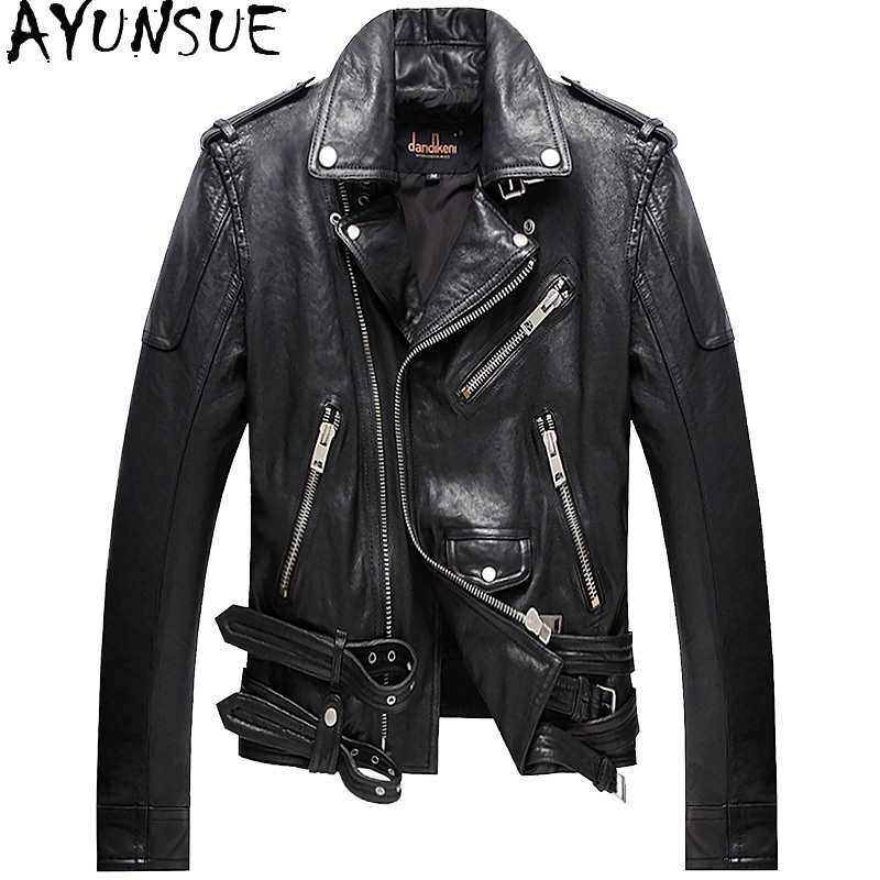 Leather Motorcycle Jacket Biker - AYUNSUE リアルシープスキン 100% 本革ジャケット男ショートオートバイジャケット韓国スタイルのクールなメンズレザーコート Chaquetas