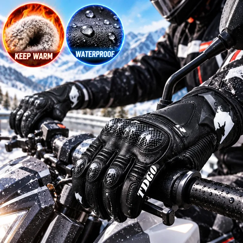 Motorcycle Gloves Leather Knuckle - 冬用バイクグローブ、防水・防寒・革製、指先保護付き、滑り止めグリップ、ツーリングやオフロード走行に最適。