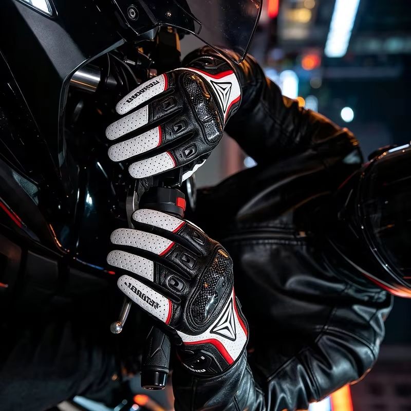 Motorcycle Gloves Leather Knuckle - 本革製バイクグローブ、指全体を覆うタイプ、カーボンファイバー製の指先保護、通気性、タッチスクリーン対応、バイク用ライディンググッズ。