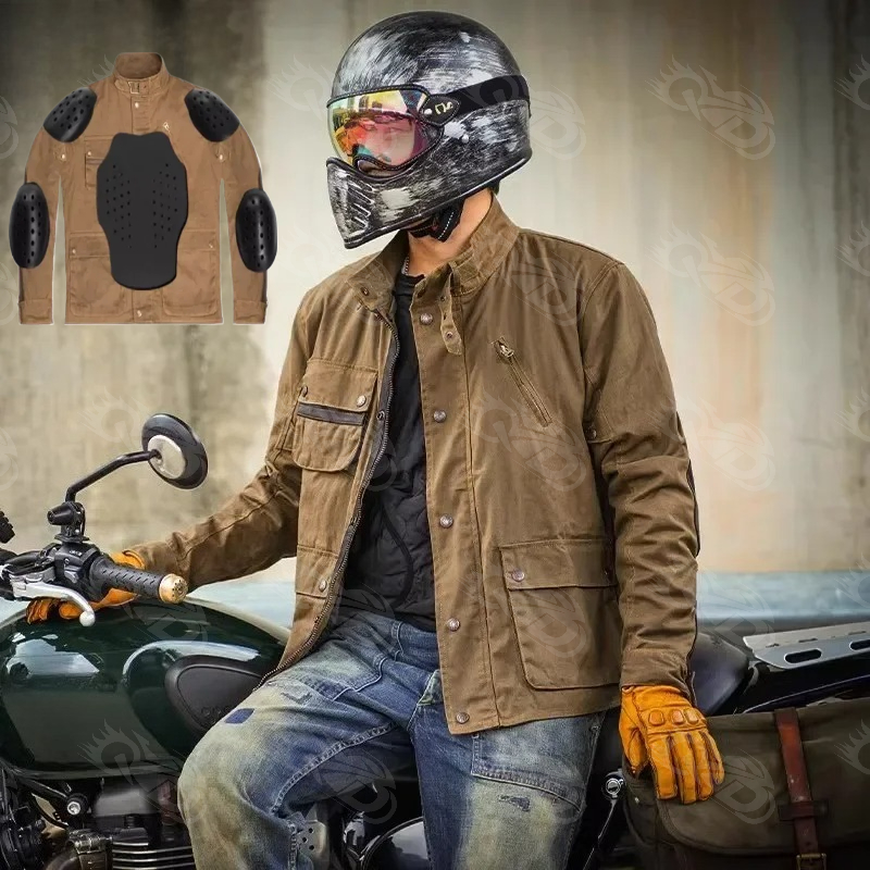 Motorcycle Riding Jacket Waterproof - レトロバイクジャケット オイルワックスキャンバス生地 防水保温 取り外し可能なダウンコットンベスト 5 CE規格適合