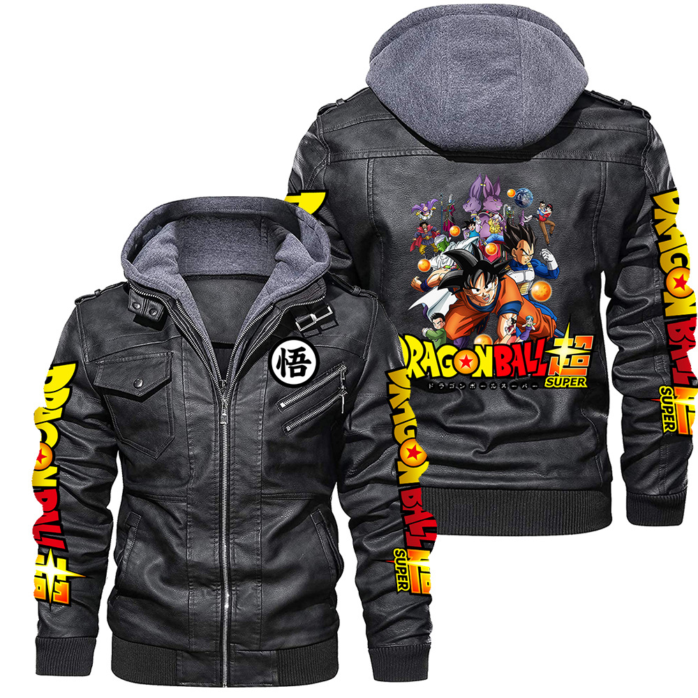 Leather Motorcycle Jacket Biker - 新作ドラゴンボール悟空柄、取り外し可能なフード付きレザージャケット。秋のカジュアルなバイク用PUレザージャケット、バイカージャケット。ブランド衣料、EUサイズ。