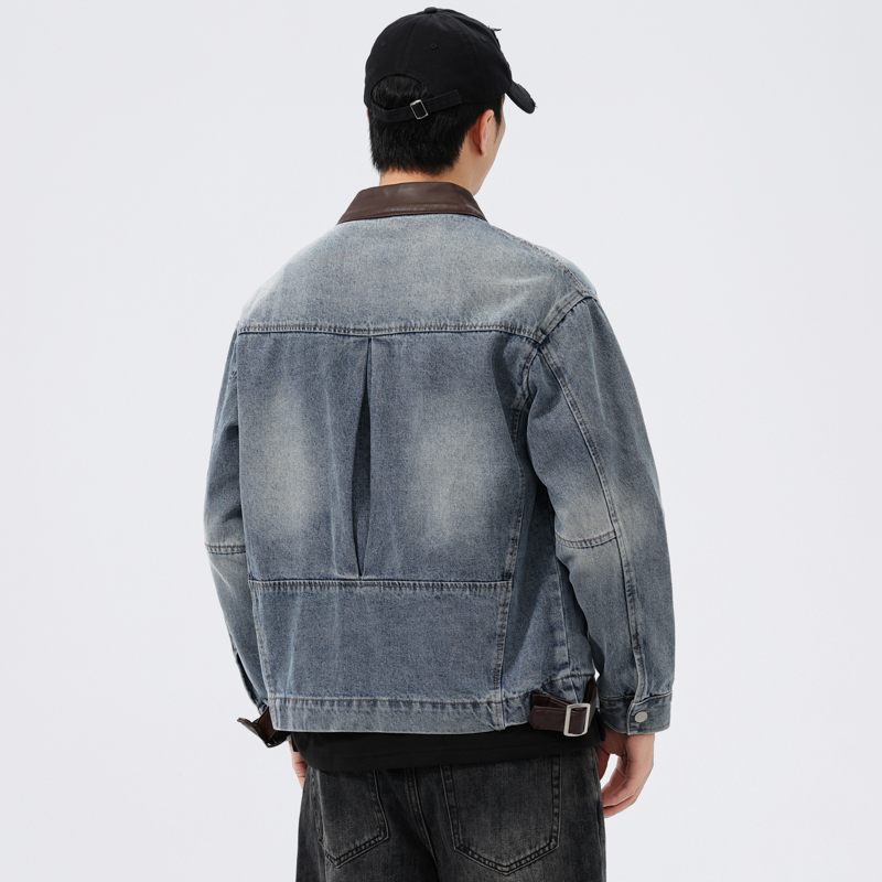 スタンドレザーカラーデニムジャケット男性ファッションヴィンテ - Leather Motorcycle Jacket Biker のレビューと価格
