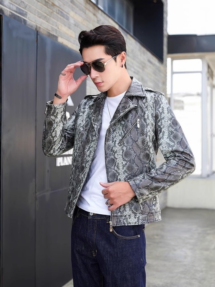 メンズ本革ジャケット天然シープスキンショートコートスネークプ - Leather Motorcycle Jacket Biker のレビューと価格