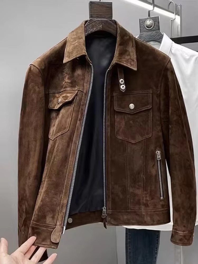 秋のレトロなメンズ本革ジャケット。ジッパー付き、スエード素材 - Motorcycle Jacket Thermal Liner のレビューと価格