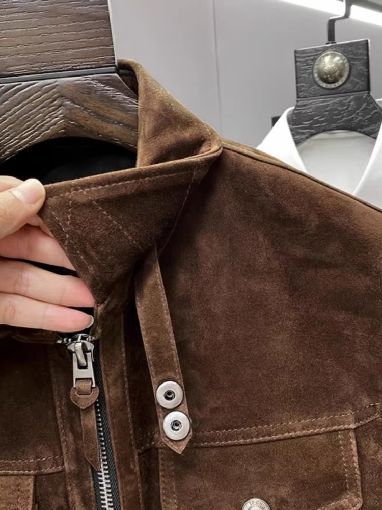 秋のレトロなメンズ本革ジャケット。ジッパー付き、スエード素材 - Motorcycle Jacket Thermal Liner のレビューと価格