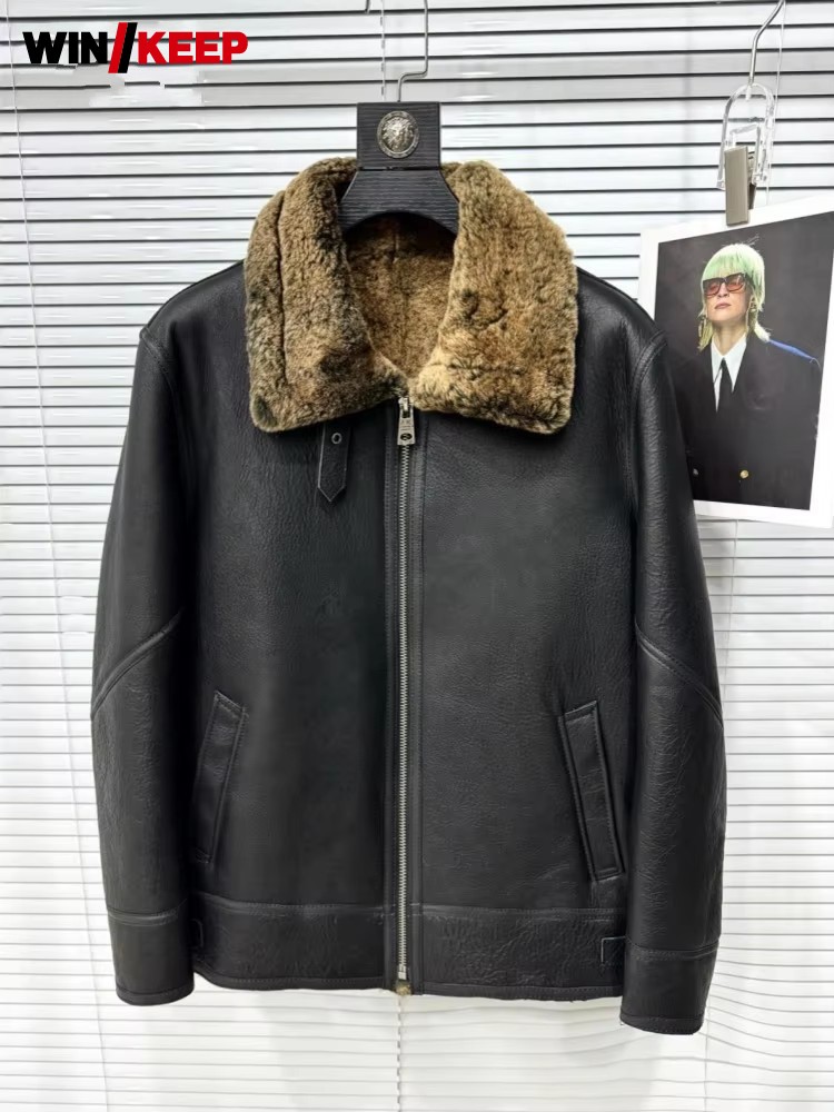 メンズ冬用ターンダウンカラー暖かいウール裏地シープスキン本革 - Leather Motorcycle Jacket Biker のレビューと価格