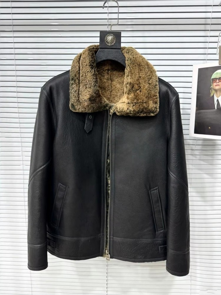 メンズ冬用ターンダウンカラー暖かいウール裏地シープスキン本革 - Leather Motorcycle Jacket Biker のレビューと価格