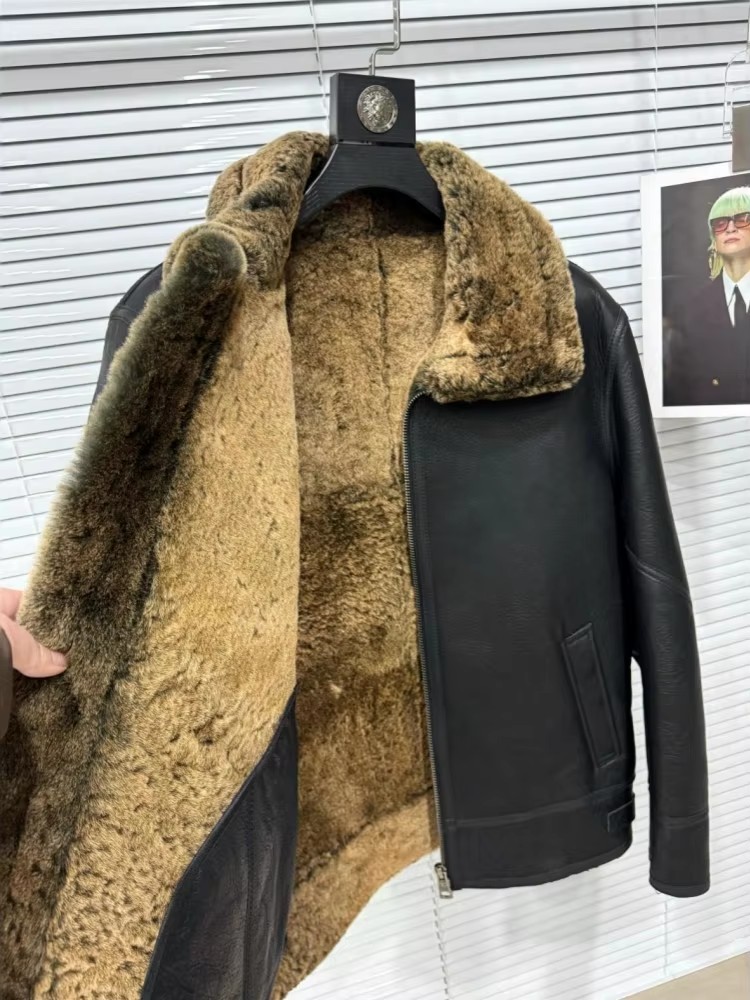 メンズ冬用ターンダウンカラー暖かいウール裏地シープスキン本革 - Leather Motorcycle Jacket Biker のレビューと価格