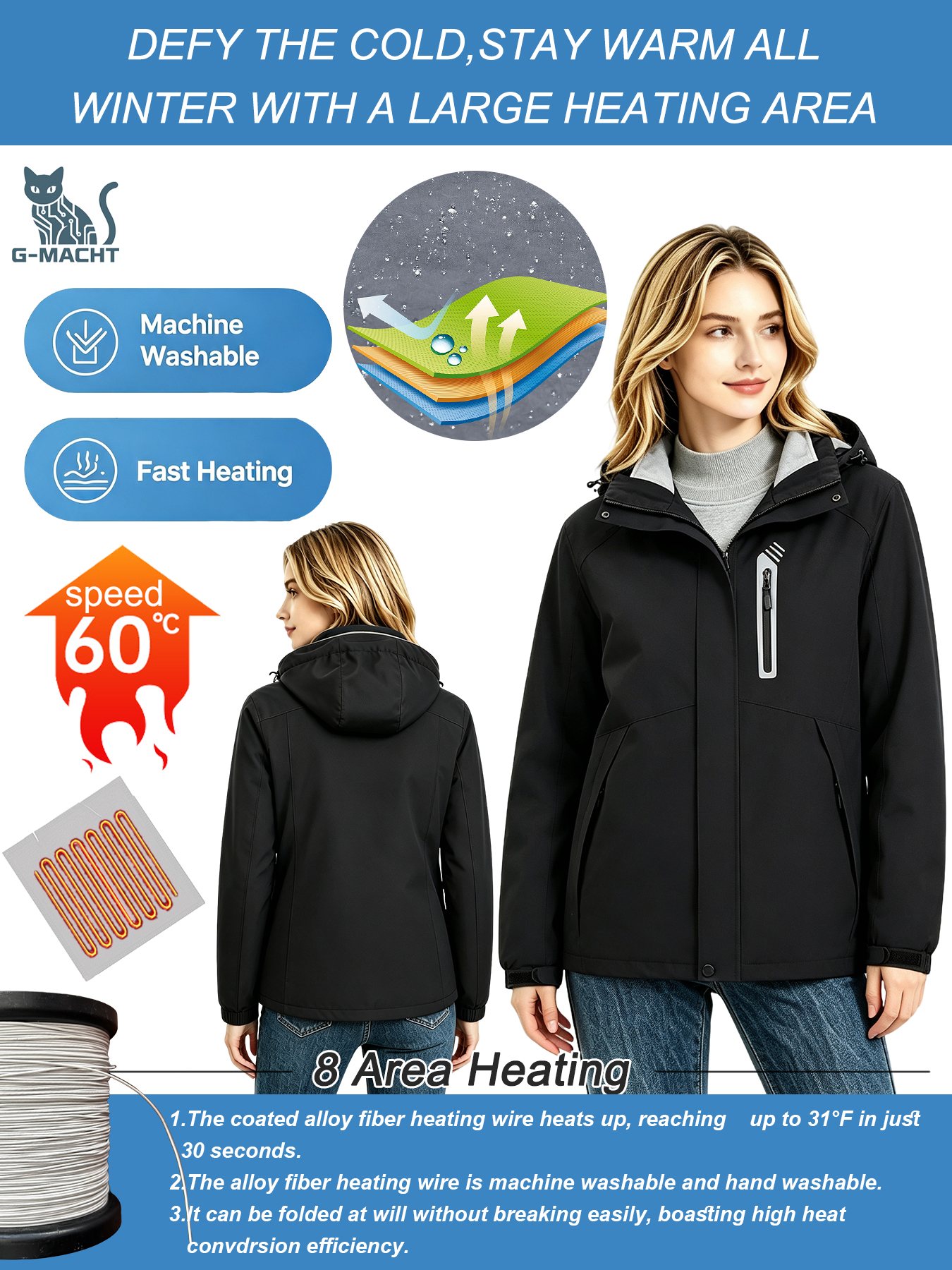 8エリアUSB加熱式ウィンドブレーカー、取り外し可能なフード - Motorcycle Jacket Thermal Liner のレビューと価格