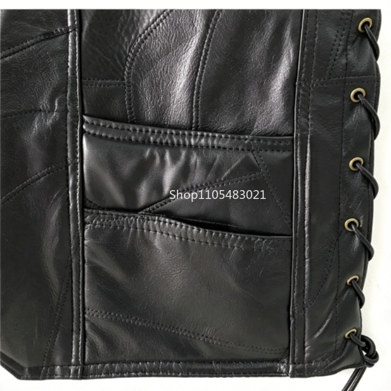 メンズブラックパッチワークレザーバイカーベスト、ボタン留めノ - Leather Motorcycle Jacket Biker のレビューと価格
