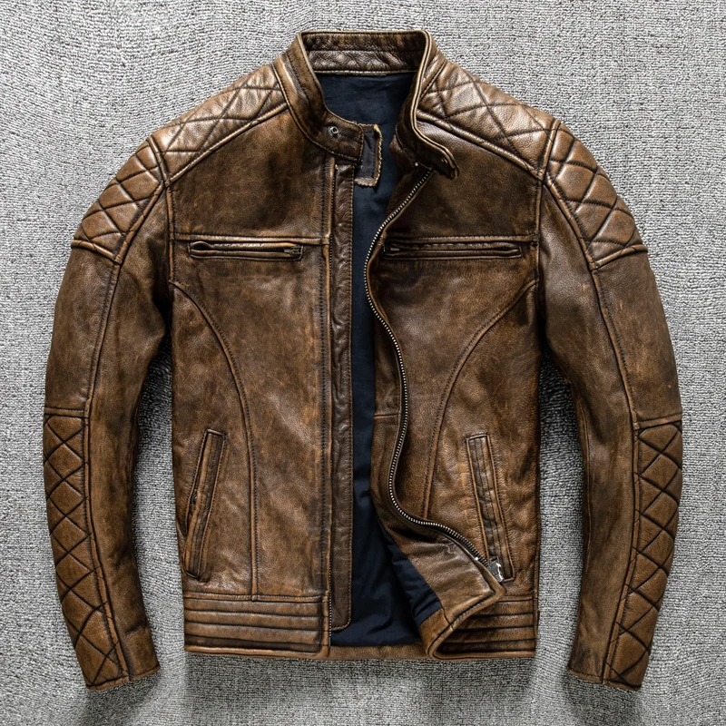 ヴィンテージメンズレザージャケットイエローブラウン厚い 10 - Leather Motorcycle Jacket Biker のレビューと価格