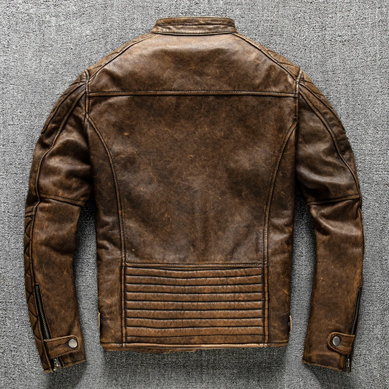 ヴィンテージメンズレザージャケットイエローブラウン厚い 10 - Leather Motorcycle Jacket Biker のレビューと価格
