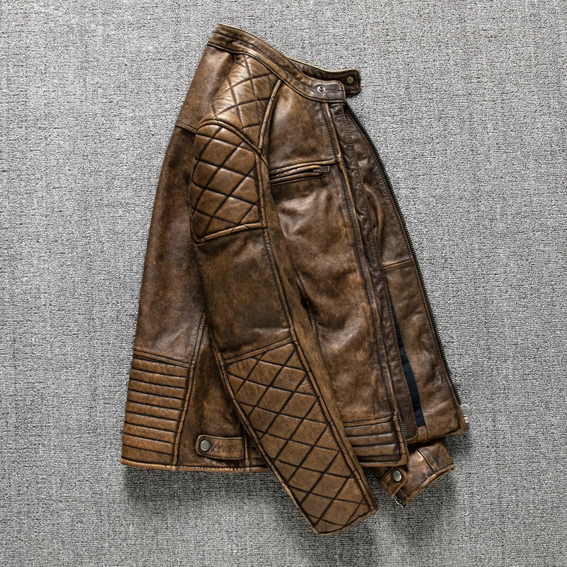 ヴィンテージメンズレザージャケットイエローブラウン厚い 10 - Leather Motorcycle Jacket Biker のレビューと価格