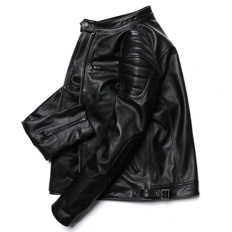 男性用のクラシックなオートバイの本革ジャケット,天然牛革,ス - Leather Motorcycle Jacket Biker のレビューと価格