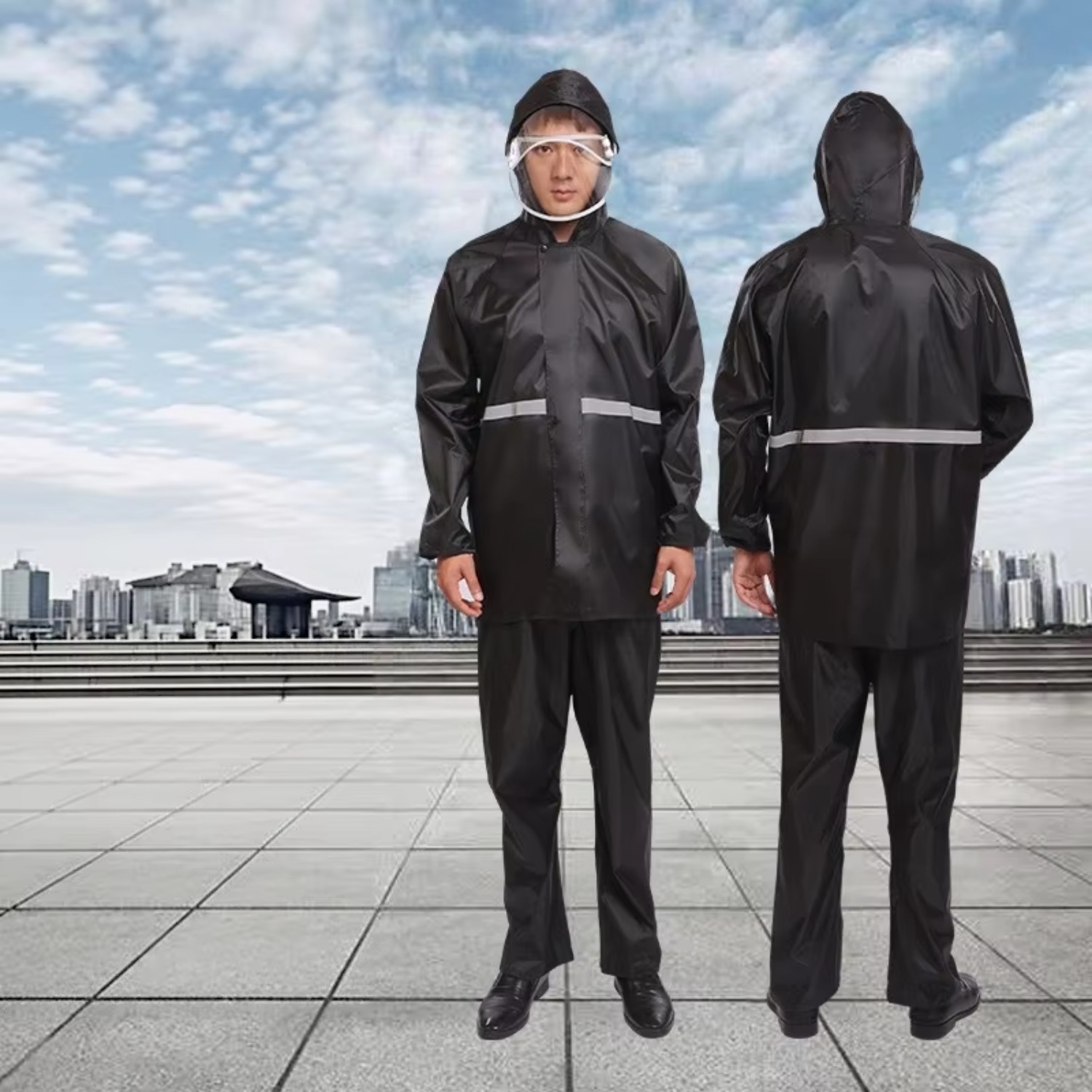 防水レインスーツ、メンズ・レディース、2点セット、フード付き - Motorcycle Rain Suit 2 Piece のレビューと価格