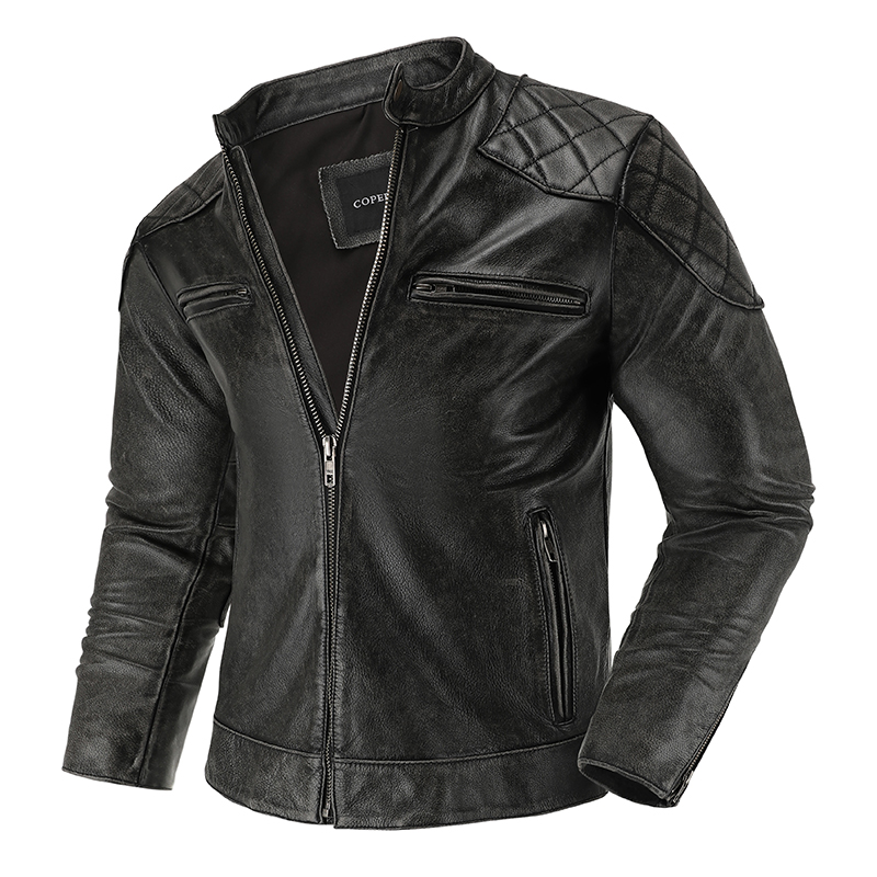 男性用レトロレザージャケット,バイカージャケット,スタンドカ - Leather Motorcycle Jacket Biker のレビューと価格