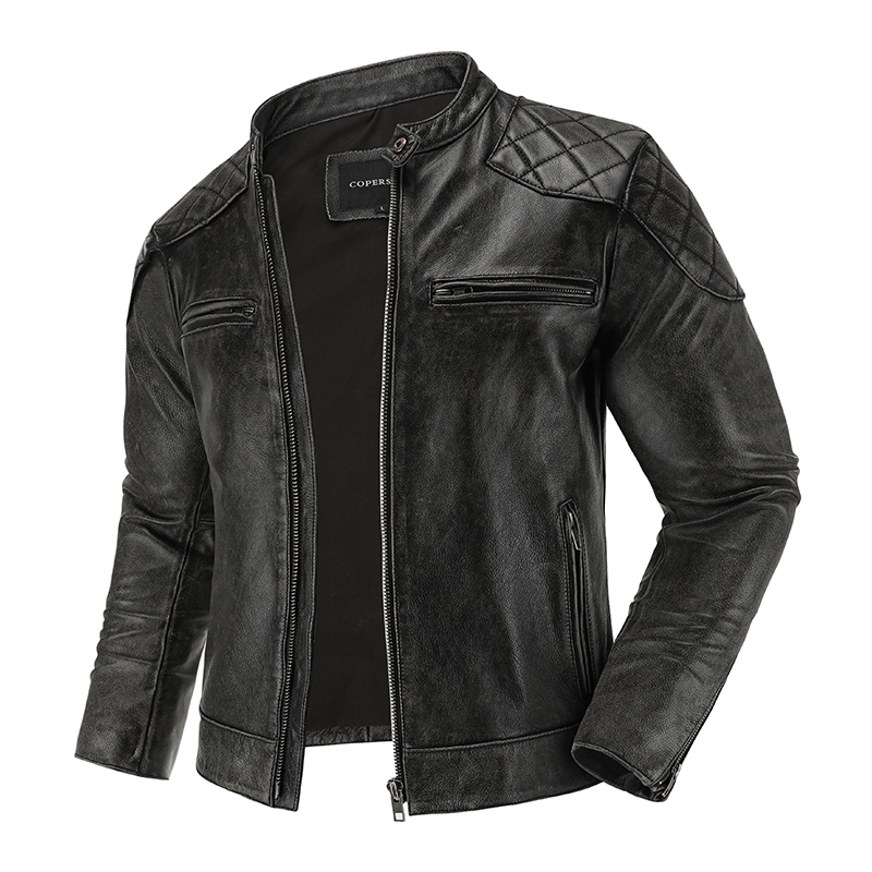 男性用レトロレザージャケット,バイカージャケット,スタンドカ - Leather Motorcycle Jacket Biker のレビューと価格