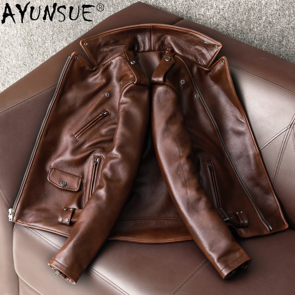 Ayunsue-メンズバイカージャケット,本物の牛革,オート - Leather Motorcycle Jacket Biker のレビューと価格