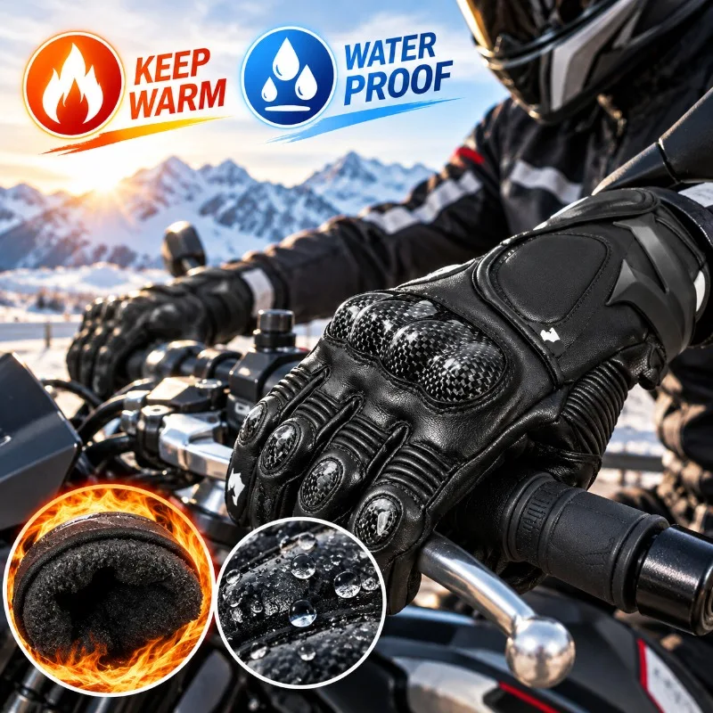 冬用バイクグローブ、防水・防寒・革製、指先保護付き、滑り止め - Motorcycle Gloves Leather Knuckle のレビューと価格