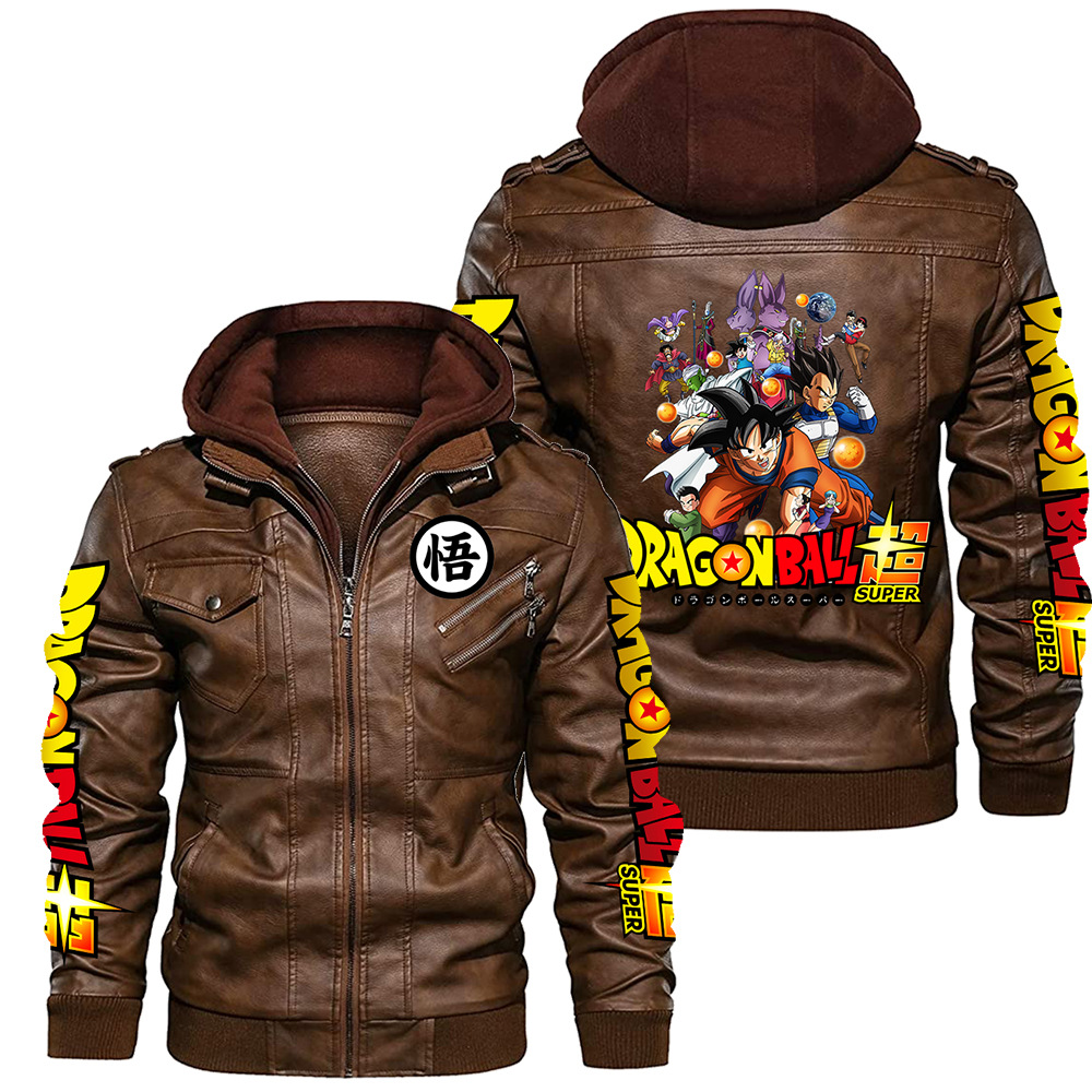 新作ドラゴンボール悟空柄、取り外し可能なフード付きレザージャ - Leather Motorcycle Jacket Biker のレビューと価格