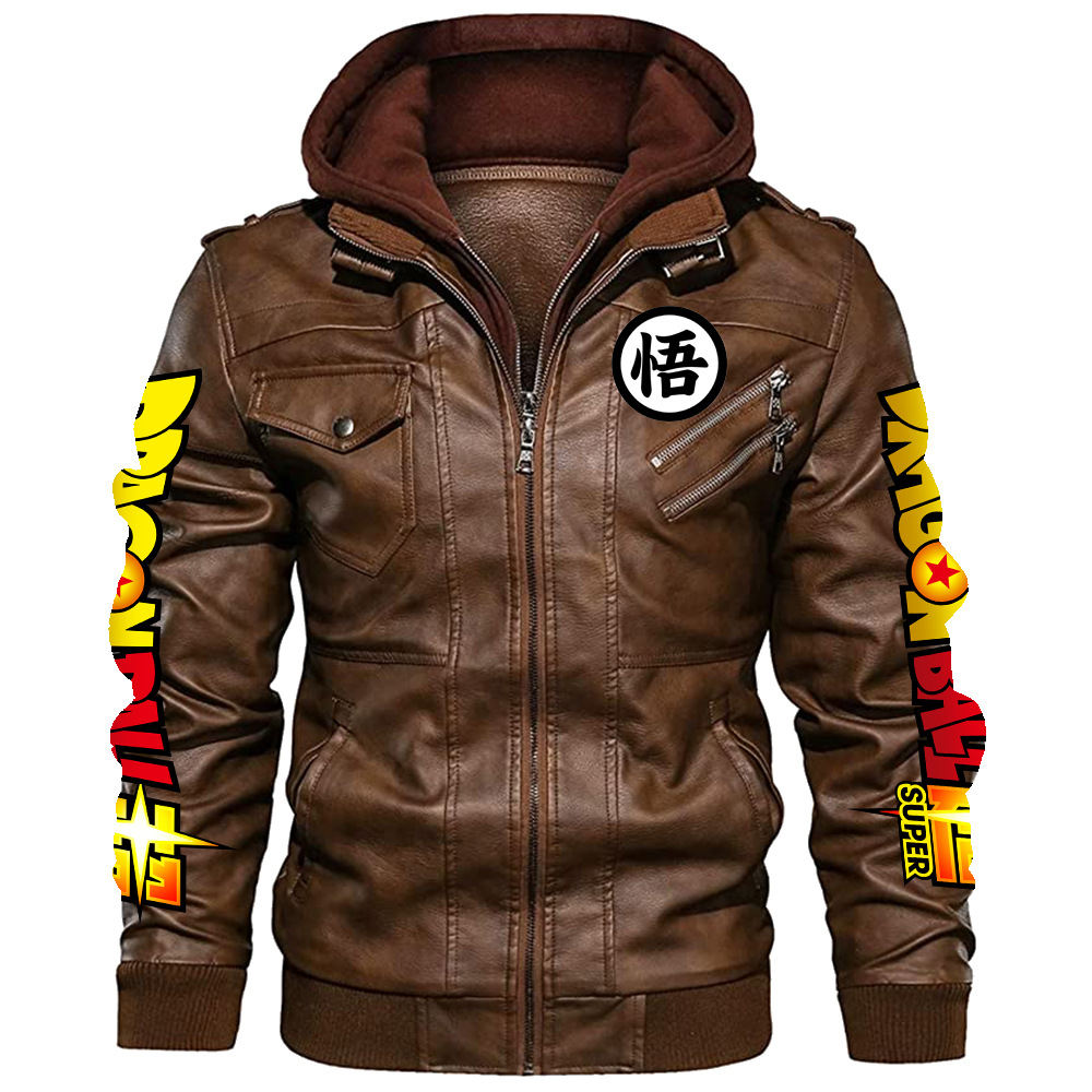 新作ドラゴンボール悟空柄、取り外し可能なフード付きレザージャ - Leather Motorcycle Jacket Biker のレビューと価格
