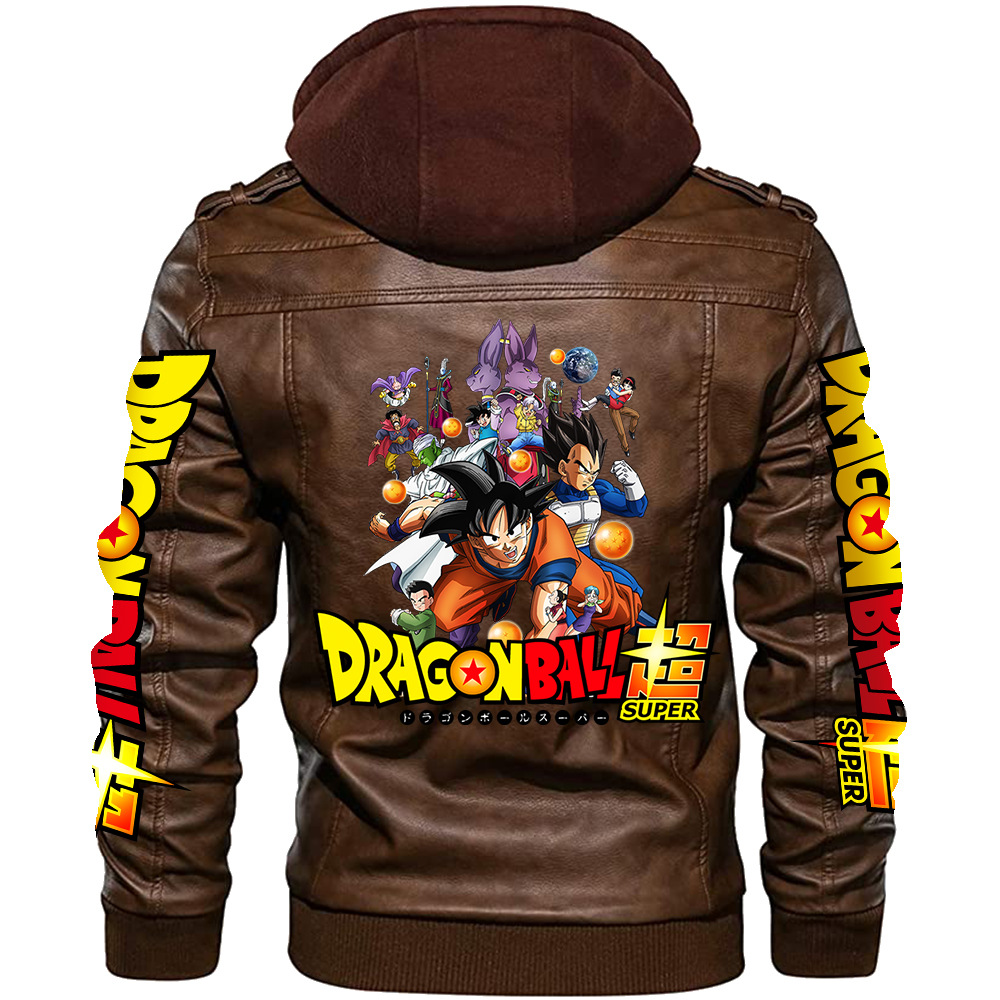 新作ドラゴンボール悟空柄、取り外し可能なフード付きレザージャ - Leather Motorcycle Jacket Biker のレビューと価格